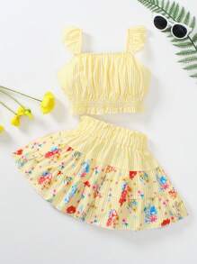 SHEIN Elladie kids 2件套年轻女孩度假休闲条纹吊带背心和碎花拼布A字裙 - 黃色 - 查看 2