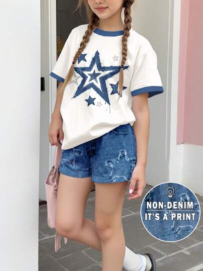 Emery Rose Kids Emery Rose Kids Vintage Patchwork Five-Pointed Star Pattern, 2pcs/Set Tween Girls Casual Simple Short Sleeve Crew Neck T-Shirt And Shorts For Summer