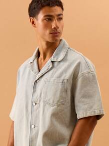 Musero 男士短袖纽扣牛仔衬衫，前袋设计，适合夏季、春季、假日度假穿着 - 藍色 - 查看 2