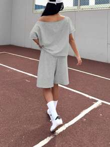 Muchica 女士夏季运动休闲灰色针织运动衫套装 - 灰色 - 查看 2