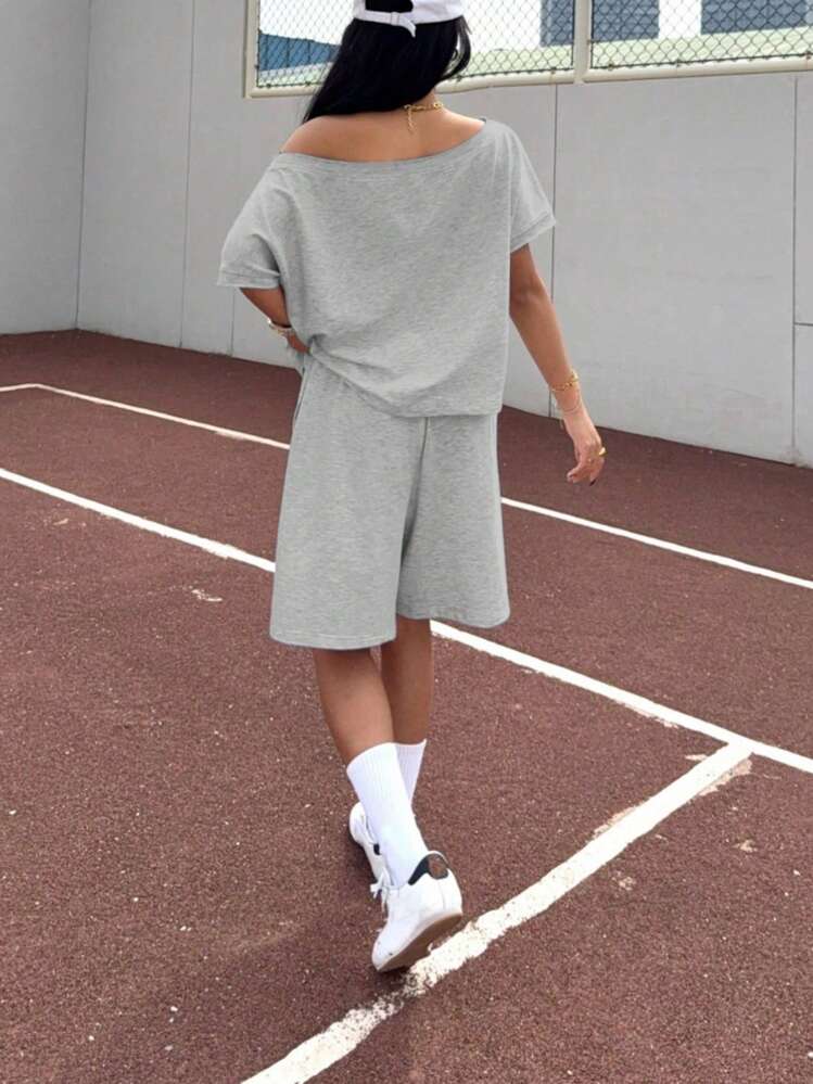 Muchica 女士夏季运动休闲灰色针织运动衫套装 - 灰色 - 查看 2