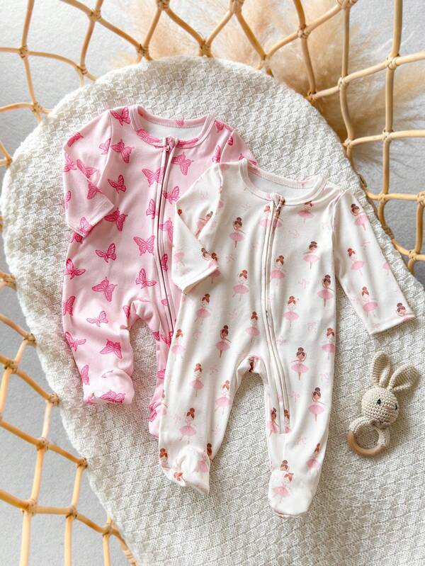 Dozemod Newborn Baby Girl 2pcs/Set Floral Pattern Round Neck Long Sleeve Zipper Front One-Piece Soft Pajamas