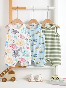 SHEIN 3件套新生男婴休闲可爱卡通汽车和条纹印花连体衣，夏季基本款多件装 - 綠色 - 查看 1