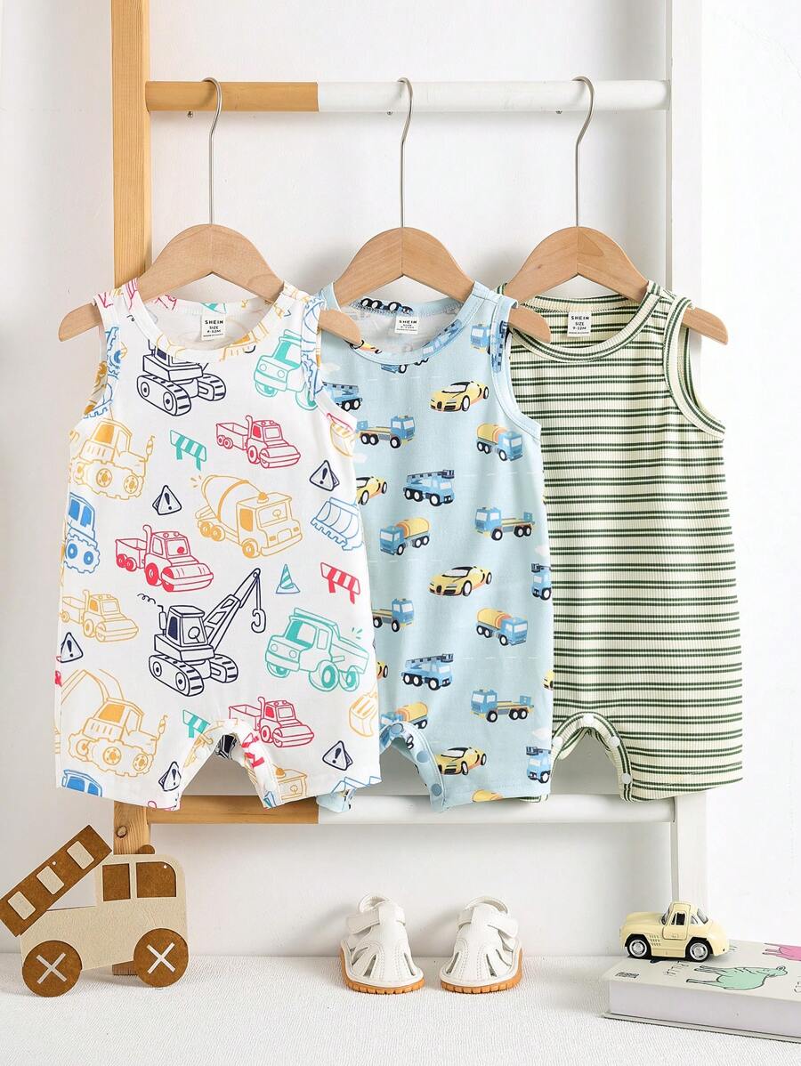 SHEIN 3件套新生男婴休闲可爱卡通汽车和条纹印花连体衣，夏季基本款多件装 - 綠色 - 查看 1