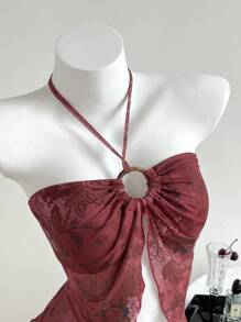 Elamini Women's Mesh Patchwork Round Ornament Decorative Sheer Halter Neck Camisole