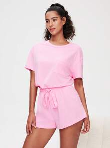 LUVLETTE Weiches Baumwoll-Loungewear-Set aus kurzärmeliger Crew-Neck-Oberteil in Rosa und Shorts, luftige Pyjama-Garnitur, sportlich-lässige, bequeme Outfits mit Taschen, Lingerie als Oberbekleidung