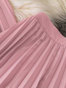 Chiquease Vacation 3D Flower Halter Asymmetrical Blouse & High Waist Pleated Mini Skirt Set - Dusty Pink - View 3