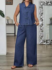 EMERY ROSE 2 Stücke Damen Große Größen Set aus Ärmellosen Top mit Schleife und Jeans Hose