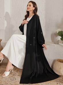 Al Najma Women's Black Loose Fit Elegant Robe With Rhinestones, Modest Abaya