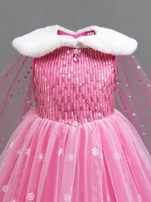 Glamorique Kids 小女孩公主裙，紫红色薄纱裙，雪花印花薄纱公主裙，带披肩，亮片，白色毛领，生日派对，派对礼服，婚礼节日正式礼服，奢华正式礼服，镶钻，中东风情，欧美风情 - 玫紅色 - 查看 4