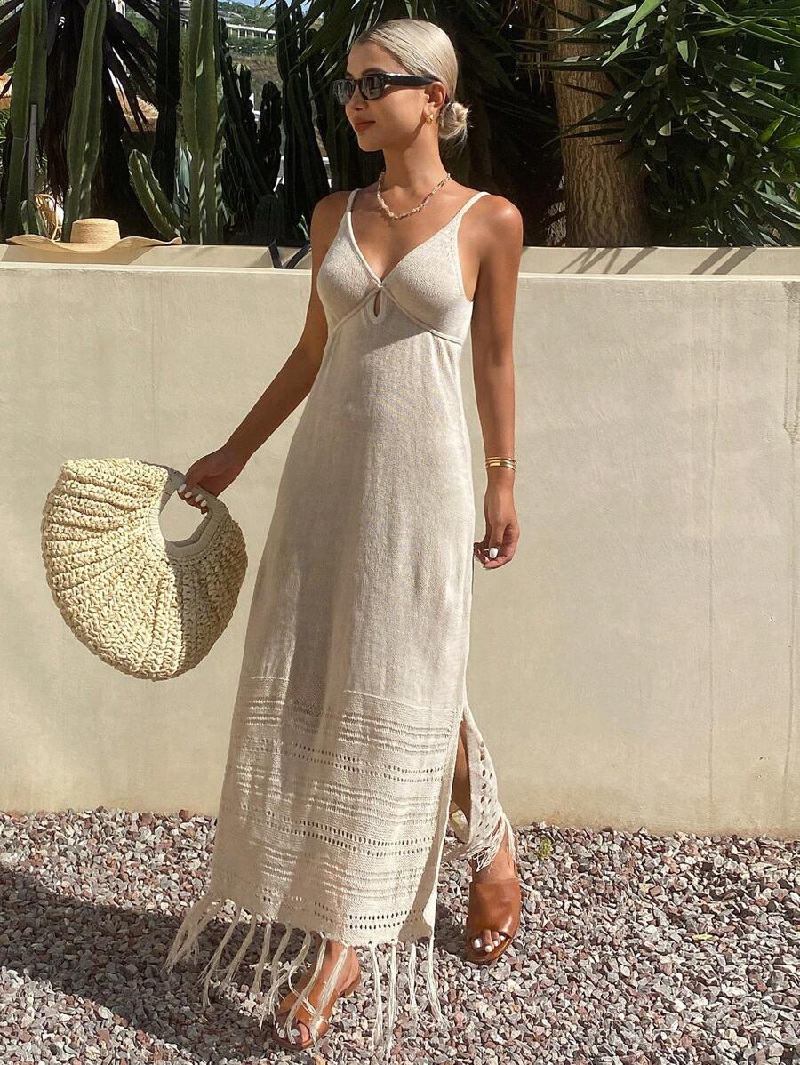 Livesso 女士V领针织镂空抽绳流苏度假罩衫 - 杏色 - 查看 1