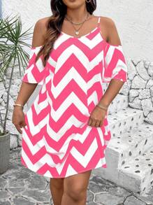 EMERY ROSE 大码休闲节日撞色V领细肩带连衣裙 - 玫紅色 - 查看 3