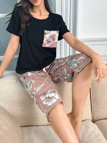 SHEIN SHEIN Lounja Blumen Muster Patchstreifen-Taschen-Kurzarmhose 3/4 Länge Pyjama Set