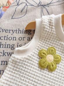Baby Girl Summer Casual Korean Style Cute Round Neck Sleeveless Jacquard Floral Knit Top And Washed Denim Shorts - Multicolor - View 8