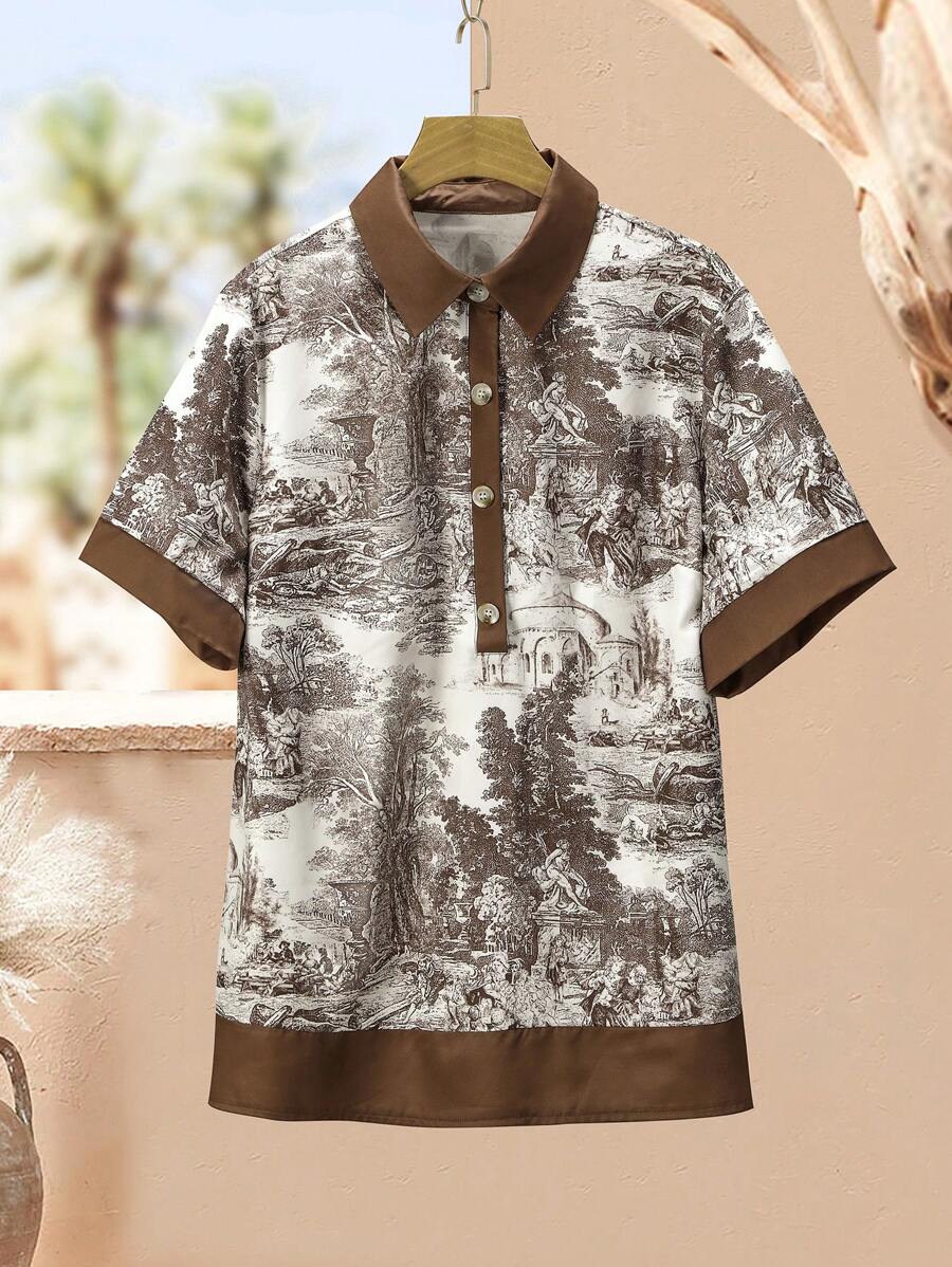 Lacomfia Camisa holgada de manga corta con estampado integral, talla grande, informal, para primavera/verano - Multicolor - Ver 1