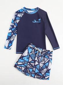 Tween Boy Palm Tree Print Raglan Long Sleeve Top And Shorts Swimsuit Set