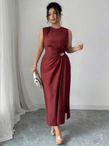 Elenzga Vestido midi monocromático para mujeres de talla grande con cuello redondo, recogido en la cintura, decoración de hebilla metálica y diseño simple, elegante y casual para uso diario, trabajo, vacaciones y té por la tarde en primavera/verano