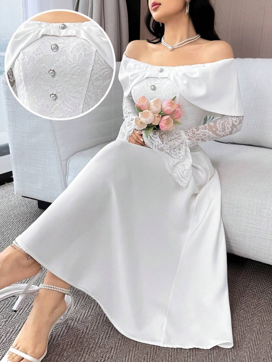 Feyla 女式露肩拼接蕾丝喇叭袖连衣裙,优雅夏日 - 白色 - 查看 1