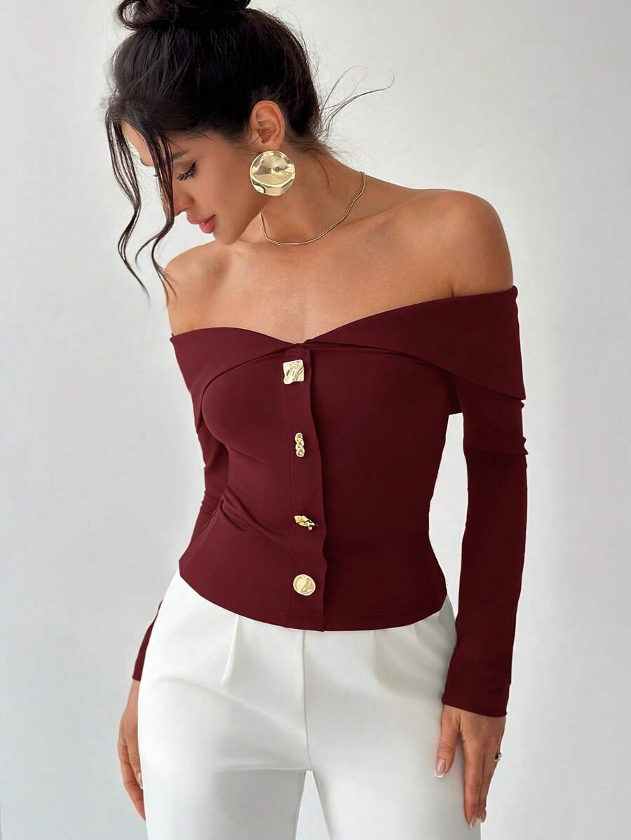 Firerie Áo nữ thanh lịch trễ vai, bất đối xứng, cài khuy kim loại - Màu Đỏ Sâu - Xem 1