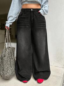 SHEIN ICON Plus Size Blue Loose Casual Straight Leg Jeans