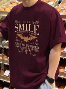 DAZY 男士夏季红色蝙蝠图案和字母印花T恤 - 紅色 - 查看 1