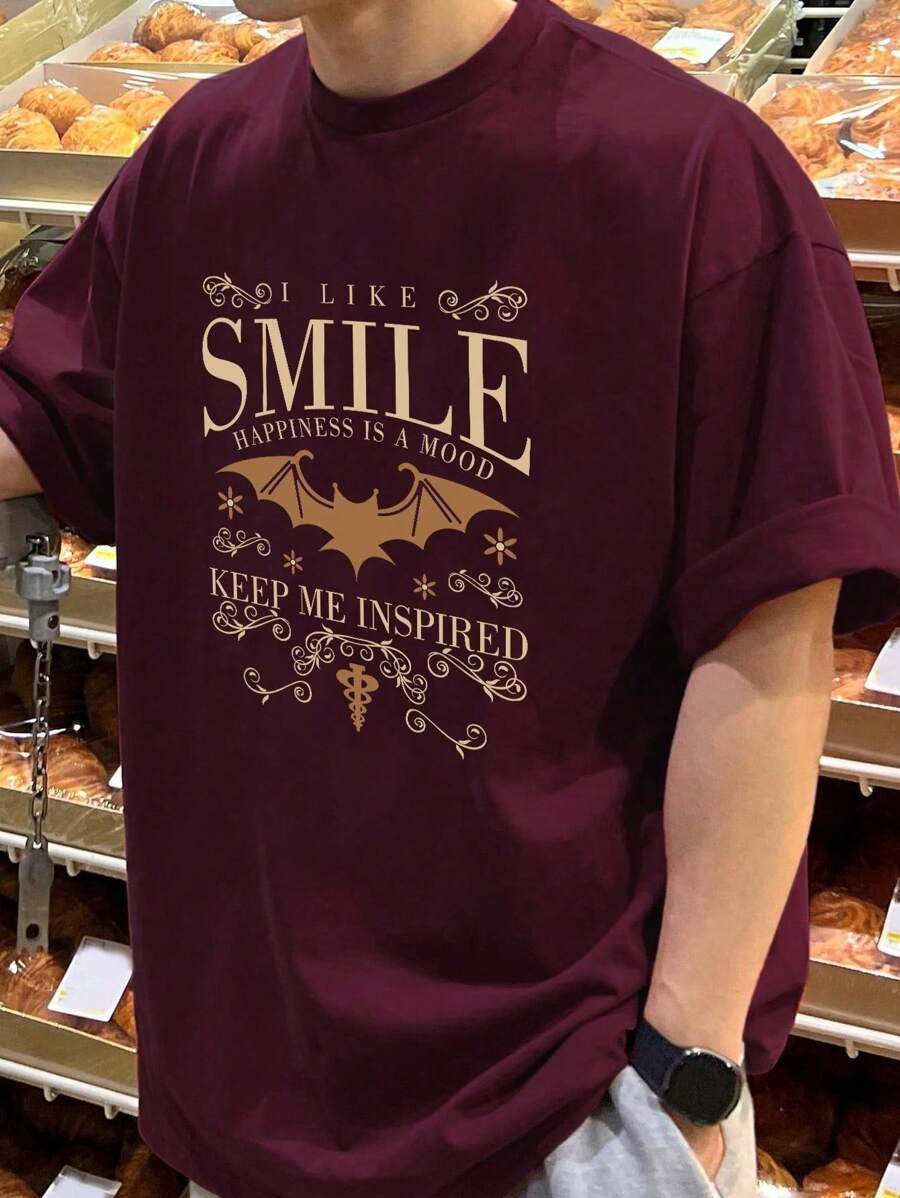 DAZY 男士夏季红色蝙蝠图案和字母印花T恤 - 紅色 - 查看 1