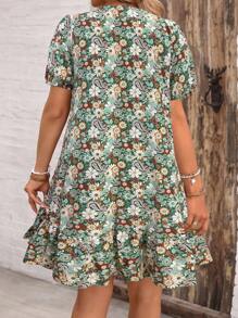 Breezaya Vestido informal de verano con cuello en V y mangas abultadas, estampado en todo el vestido, tallas grandes - Multicolor - Ver 2