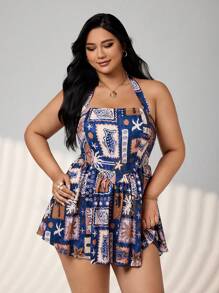 SHEIN ICON 大码露背方领海滩夏日度假休闲海岛风椰子树印花修身 A 字连衣裙，适合节日、约会、情人节、下午茶