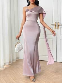 Modelyn 女式纯色 3D 花卉装饰不对称领口优雅连衣裙 - 粉色 - 查看 5