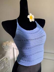 SHEIN EZwear Women's Summer Vacation Solid Color Round Neck Cropped Fitted Knitted Top - Baby Blue - View 3