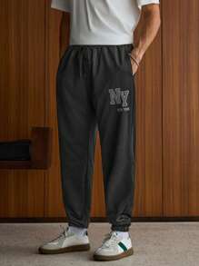 SWAVVY Men's Casual Loose Fit Black Sweatpants With NY Graphic Embroidered Patch, School