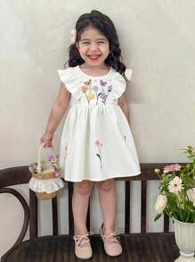 LMoss Kids 女婴花卉图案荷叶边领休闲针织连衣裙 - 白色 - 查看 5