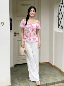 SHEIN LUNE Off-Shoulder Sheer Mesh Puff Sleeve Allover Print Summer Blouse - Hot Pink - View 5
