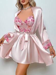 SHEIN Bộ đồ ngủ Pijama vải satin hồng thêu hoa gợi cảm cho nữ, trang phục thu đông - Hồng - Xem 1