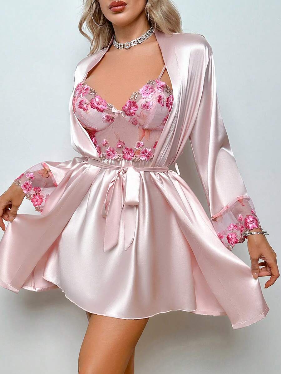SHEIN Bộ đồ ngủ Pijama vải satin hồng thêu hoa gợi cảm cho nữ, trang phục thu đông - Hồng - Xem 1