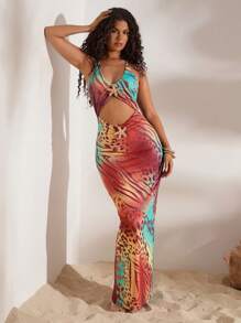 Opulessa Robe moulante en tricot pour soirée avec décolleté en V, encolure ras-du-cou, décoration métallique sur la poitrine, ceinture et dos découpé fendu. Robe sexy pour femmes, parfaite pour une soirée ou une fête à la plage. - Multicolore - Voir 5