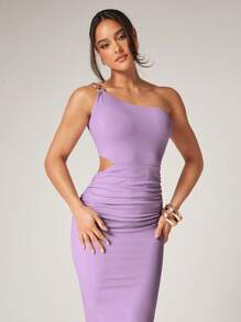 Silquee Women's Purple One-Shoulder Hollow Waist, Metal Chain Decoration, Slim And Elegant Dress, Graduation Dress, Graduation Dresses For Womensummer Outfits - Purple - View 4