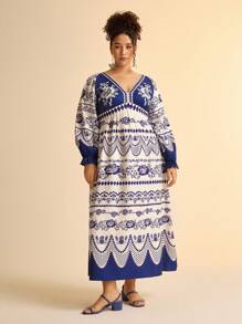 CAJUNI Vacation Casual Tropical Blue Floral Print Deep V-Neck Backless Tie-Up Lantern Sleeve Ruffle Hem Maxi Dress, Plus Size - Blue and White - View 5