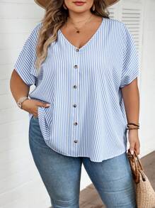 SHEIN CURVE+ Plus Size Striped Print V-Neck Front Button Casual Short Sleeve Shirt Summer/Country/Beach Vacation/Beach Wear - Blue and White - View 7