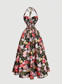 SHEIN MOD Váy dài ngang gối in hoa lãng mạn cho nữ, Ngày lễ tình nhân, Váy mùa xuân, Trang phục ăn trưa cho nữ, Trang phục tiệc trà, Trang phục đi nghỉ ở bãi biển, Váy hoa cho nữ, Váy cổ điển cho nữ - màu đen - Xem 2
