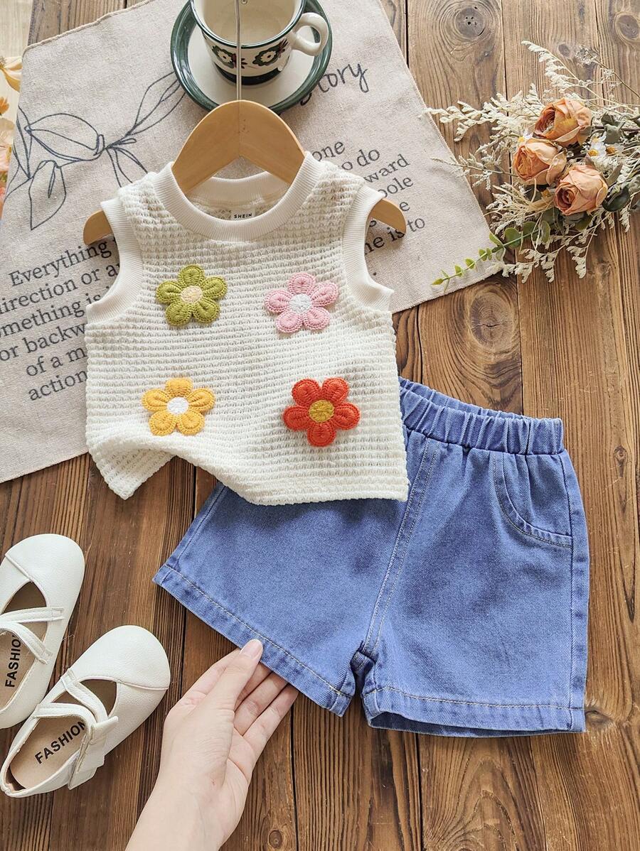 Baby Girl Summer Casual Korean Style Cute Round Neck Sleeveless Jacquard Floral Knit Top And Washed Denim Shorts - Multicolor - View 1