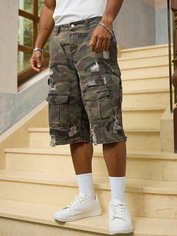 RivetRise Men's Denim Camouflage Shorts, Fashion & Suitable For Summer Camo Cargo Shorts Men Going Out Tropical Hang Out Street