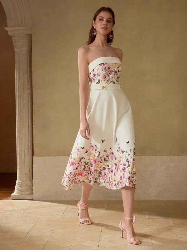 MOTF PREMIUM BUTTERFLY AND FLORAL PRINT FOLDOVER TUBE COCKTAIL DRESS