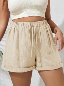 SHEIN VCAY Plus Size Solid Color Textured Fabric Casual Drawstring Summer Shorts - Beige - View 6