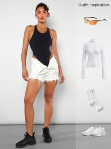 GLOWMODE FeatherFit™ Powerhouse 工字背吊带丁字裤紧身衣 低冲击瑜伽日常夏季黑色运动紧身衣