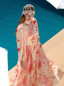 ZEYLAH Vestido largo de manga larga con cuello en V, cintura ceñida y degradado, con aplicaciones de encaje en estilo romántico para primavera/verano y vacaciones - Naranja - Ver 13