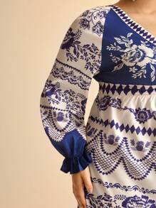 CAJUNI Vacation Casual Tropical Blue Floral Print Deep V-Neck Backless Tie-Up Lantern Sleeve Ruffle Hem Maxi Dress, Plus Size - Blue and White - View 6