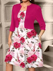 SHEIN Clasi 大码女式花卉弹力针织二合一连衣裙，优雅浪漫的日常穿着，适合春季、情人节 - 彩色 - 查看 3