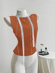 SHEIN Unity French Sexy Backless Bowknot Checkered Camisole Top, Sleeveless Slim Fit Tank Tops For Spring & Summer - Multicolor - View 2