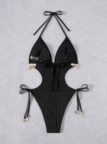 SHEIN Swim 1 bộ đồ bơi một mảnh họa tiết gợn sóng màu trơn dây mảnh hở lưng thắt nơ có trang trí xích vỏ sò cho nữ - màu đen - Xem 4